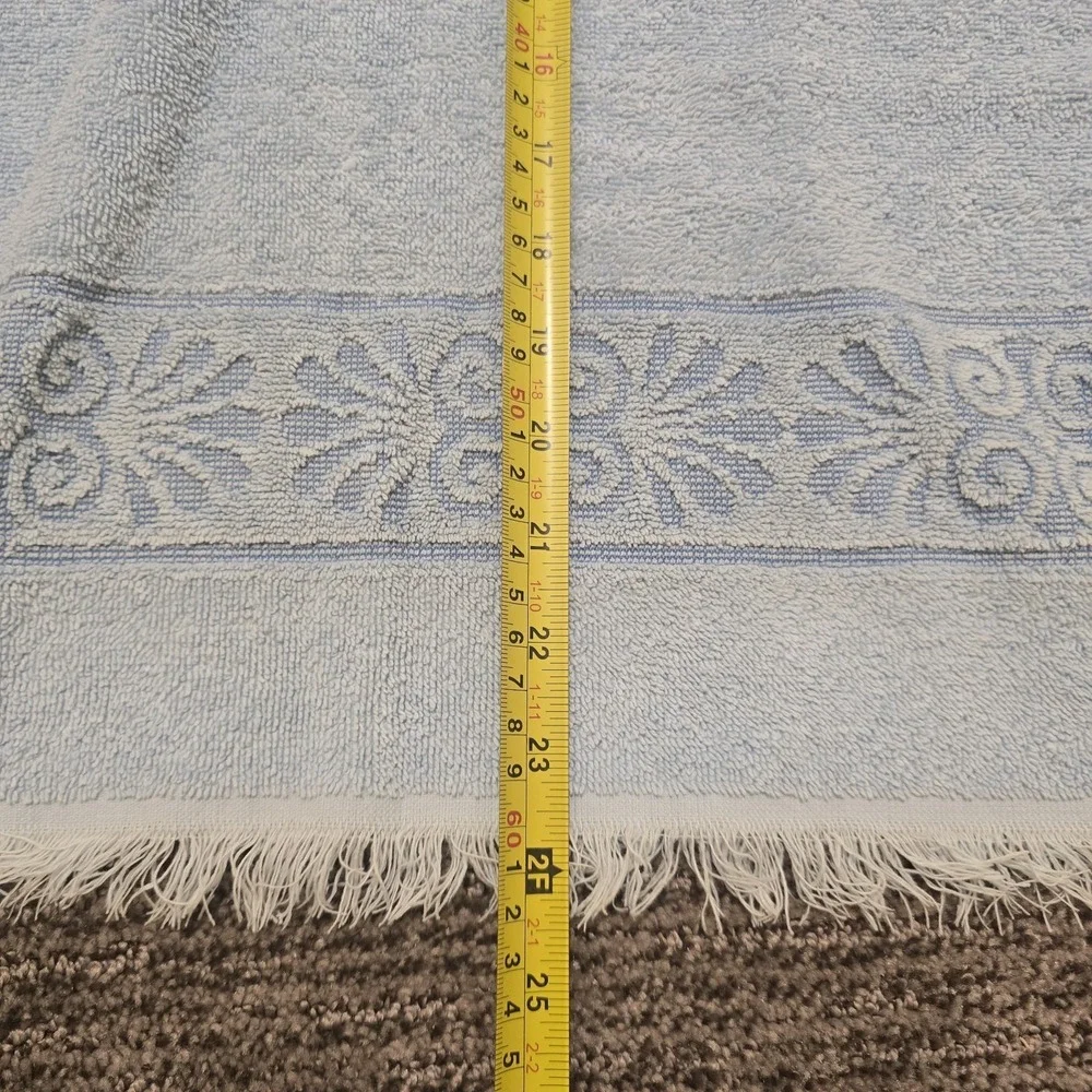 Vintage 70s Cannon Monticello Hand Towel Set Textured‎ Flowers Fringe Light Blue